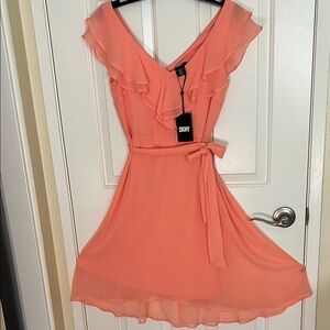 DKNY Peach Ruffle Midi Dress